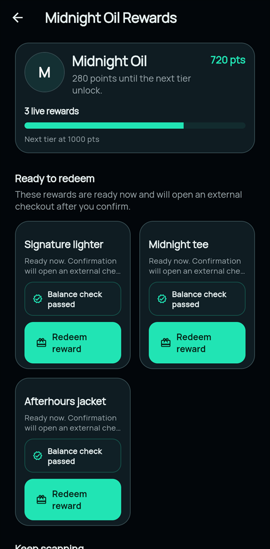 CannaRewards mobile rewards catalog showing brand-scoped merchandise rewards, point balances, and redemption thresholds.