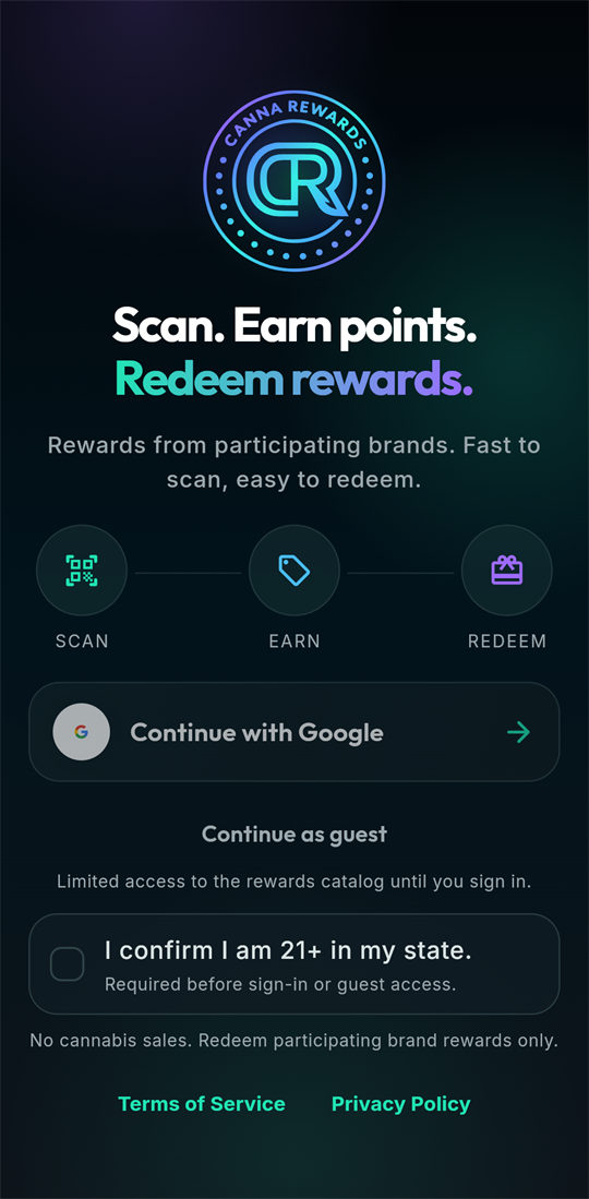CannaRewards mobile onboarding screen prompting age confirmation and guest entry before the loyalty experience begins.