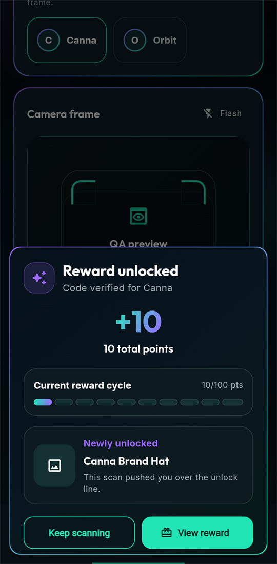 CannaRewards mobile scan result showing a reward unlocked, points awarded, and progress within the current reward cycle.